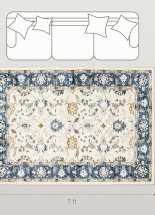 Machine Washable Area Rug 5x7, Non-Slip Boho Floral Print Floor Carpet for Living Room, Bedroom, Dining Room, Blue