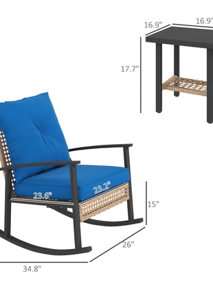 3 Pieces Bistro Set, Patio Wicker Furniture Set with Button Tufted Cushions, Rattan Rocking Chairs, Coffee Table, Blue
