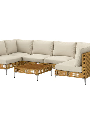 7 Piece Wicker Patio Furniture Set, Modular Outdoor Sectional with Thickened Cushions, Acacia Wood Table, Khaki/Beige