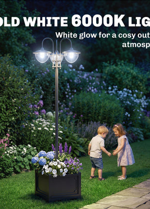 74.5" 3-head Solar Lamp Post Light with Planter, Solar Pole Lights Outdoor Waterproof LED Lighting for Backyard Pathway Patio Lawn Driveway Decor, Black