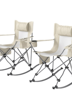 Folding Rocking Camping Chairs, Portable Chairs with Headrest, Cooler Bag, Cup Holder, Carry Bag, 2 Pack, Cream