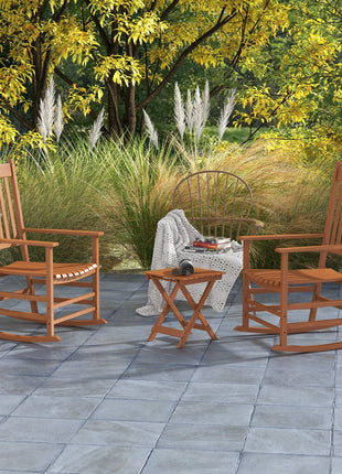 Outdoor Rocking Chair Set of 2 with Side Table, Patio Wooden Rocking Chair with Smooth Armrests, High Back for Garden, Balcony, Porch, Supports Up to 352 lbs, Teak