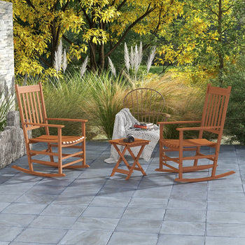Outdoor Rocking Chair Set of 2 with Side Table, Patio Wooden Rocking Chair with Smooth Armrests, High Back for Garden, Balcony, Porch, Supports Up to 352 lbs, Teak