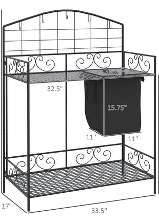 Folding Potting Bench Table, Metal Garden Workstation, Work Bench with Large Build-In Bag with Cover, 5 Hanging Hooks & Storage Shelf, Flourishes