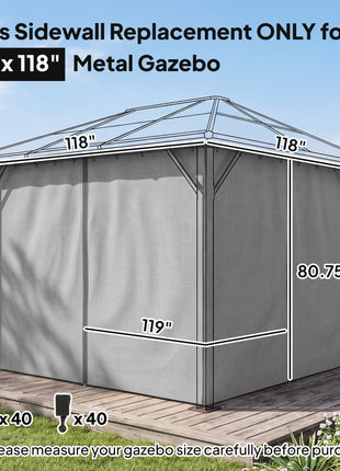 9.84' x 9.84' Gazebo Sidewall Set with Hooks/C-Rings, Gray