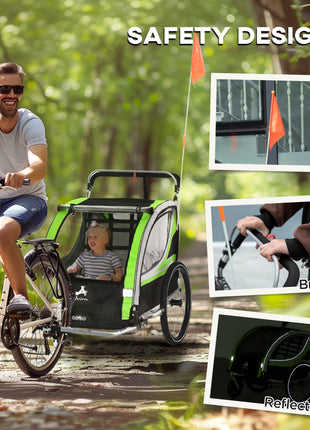 3-in-1 Bike Trailer for Kids, Running Stroller with 2 Seats, Jogging Cart with 5-Point Harness, Storage Units, Green