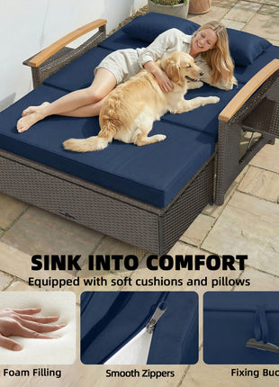 Rattan Outdoor Daybed w/4-Level Adjustable Backrest, Patio Sofa Bed w/Storage Ottoman, Acacia Wood Armrest, Navy Blue