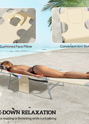 2 Tanning Chairs with Face Hole, 5-Level Adjustable Outdoor Chaise Lounge Chair with Pillow for Beach, Pool, Beige