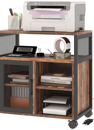 Printer Stand with Socket and USB Charging Ports, Industrial Mobile Printer Table with Storage and Wheels, Rustic Brown