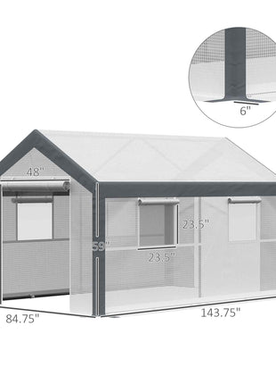 12' x 7' x 7' Greenhouse, Walk-in Outdoor Tunnel Green House with PE Cover, Steel Frame, 2 Roll-Up Zipper Doors & 4 Windows for Flowers, Vegetables, Tropical Plants, White/Dark Gray