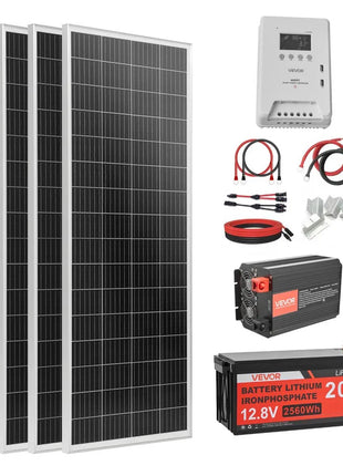 400W 12V Complete Solar Power Kit, 4PCS 100W Monocrystalline Solar Panels + 12.8V 200Ah LiFePO₄ Battery + 40A MPPT Charge Controller + 2000W Power Inverter for RV Home Camping Boats Off-Grid