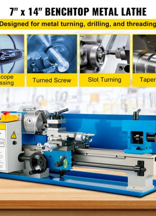 Compact Metal Lathe 7" x 14", Adjustable Speed 0-2500 RPM, Equipped with 4" 3-jaw Chuck, Ideal for Metalworking, Benchtop Design for Metal Turning Projects