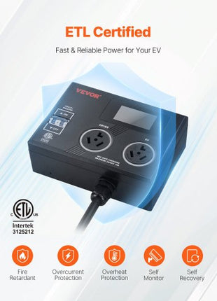 NEMA Splitter for Dryer and EV, 3-Color LED Indicator, 240V Smart Power Distribution, With NEMA 10-30 Plug, Two NEMA 10-30 Outlets, 3.4 in LCD Screen, Max 24A Dryer EV, Tested to ETL Standard