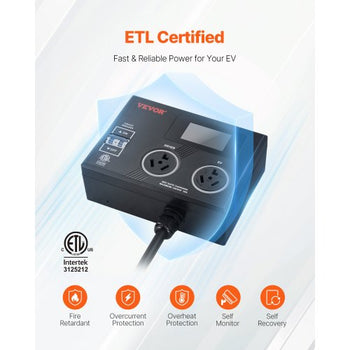 NEMA Splitter for Dryer and EV, 3-Color LED Indicator, 240V Smart Power Distribution, With NEMA 10-30 Plug, Two NEMA 10-30 Outlets, 3.4 in LCD Screen, Max 24A Dryer EV, Tested to ETL Standard