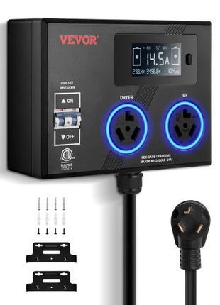 NEMA Splitter for Dryer and EV, 3-Color LED Indicator, 240V Smart Power Distribution, With NEMA 10-30 Plug, Two NEMA 10-30 Outlets, 3.4 in LCD Screen, Max 24A Dryer EV, Tested to ETL Standard
