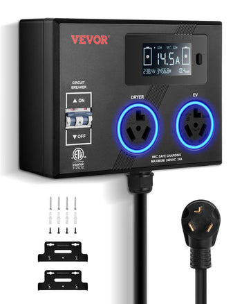NEMA Splitter for Dryer and EV, 3-Color LED Indicator, 240V Smart Power Distribution, With NEMA 10-30 Plug, Two NEMA 10-30 Outlets, 3.4 in LCD Screen, Max 24A Dryer EV, Tested to ETL Standard