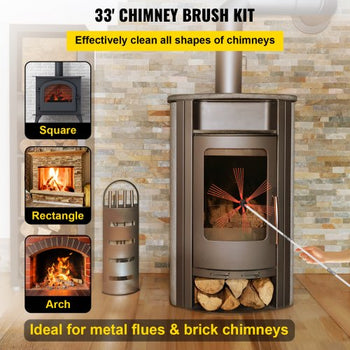 Chimney Sweep Kit 33FT, Chimney Cleaning Tool Kits with 10 Nylon Flexible Rods, Chimney Brush 394 Inch for Sweeping Fireplace