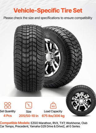 Golf Cart Wheels, 10" 205/50-10 Black Aluminum Alloy Golf Cart Tires and Wheels Combo (Set of 4) Fit Club Car, EZGO, Yamaha, 4 Ply Rubber 4-Lug Lawn Mower Tires & Rims, 675 lbs Load, All-Terrain