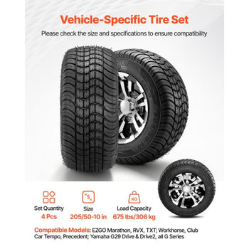 Golf Cart Wheels, 10" 205/50-10 Black Aluminum Alloy Golf Cart Tires and Wheels Combo (Set of 4) Fit Club Car, EZGO, Yamaha, 4 Ply Rubber 4-Lug Lawn Mower Tires & Rims, 675 lbs Load, All-Terrain