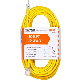 100FT Heavy Duty Extension Cord, 12AWG 15Amps 1875W, 3 Prongs Indoor Outdoor Electric Cord with Lighted End, Flexible & -40°C Cold-Resistant for Lawn, Garage, Home Use, ETL Listed
