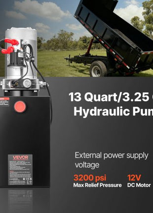 13 Quart Hydraulic Power Unit, Single Acting Dump Trailer Pump, 3200 PSI Max Relief Pressure & 0.91 GPM Flow Rate, DC 12V Hydraulic Pump with Metal Reservoir for Dump Trailer Car Lifting