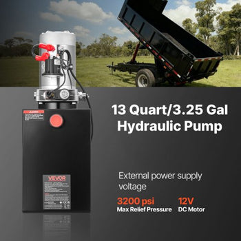 13 Quart Hydraulic Power Unit, Single Acting Dump Trailer Pump, 3200 PSI Max Relief Pressure & 0.91 GPM Flow Rate, DC 12V Hydraulic Pump with Metal Reservoir for Dump Trailer Car Lifting