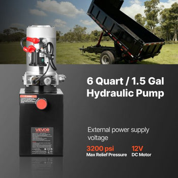 6 Quart Hydraulic Power Unit, Single Acting Dump Trailer Pump, 3200 PSI Max Relief Pressure & 0.91 GPM Flow Rate, DC 12V Hydraulic Pump with Metal Reservoir for Dump Trailer Car Lifting, Black