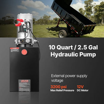 10 Quart Hydraulic Power Unit, Single Acting Dump Trailer Pump, 3200 PSI Max Relief Pressure & 0.91 GPM Flow Rate, DC 12V Hydraulic Pump with Metal Reservoir for Dump Trailer Car Lifting