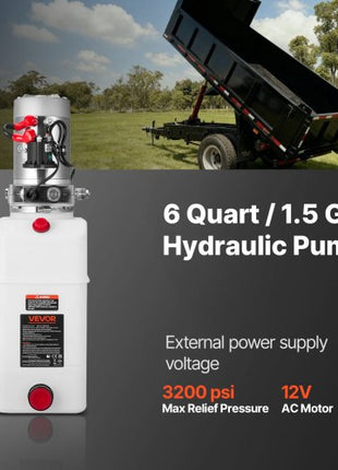 6 Quart Hydraulic Power Unit, Single Acting Dump Trailer Pump, 3200 PSI Max Relief Pressure & 0.91 GPM Flow Rate, DC 12V Hydraulic Pump with Metal Reservoir for Dump Trailer Car Lifting, White