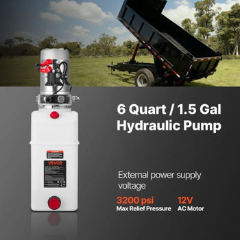 6 Quart Hydraulic Power Unit, Single Acting Dump Trailer Pump, 3200 PSI Max Relief Pressure & 0.91 GPM Flow Rate, DC 12V Hydraulic Pump with Metal Reservoir for Dump Trailer Car Lifting, White