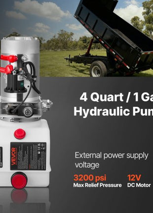 4 Quart Hydraulic Power Unit, Single Acting Dump Trailer Pump, 3200 PSI Max Relief Pressure & 0.91 GPM Flow Rate, DC 12V Hydraulic Pump with Metal Reservoir for Dump Trailer Car Lifting