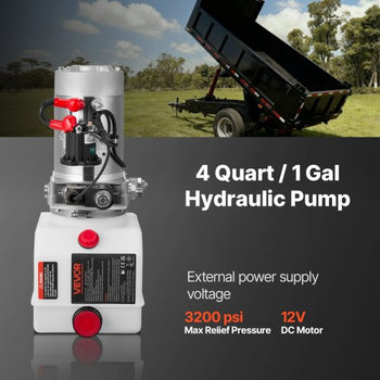 4 Quart Hydraulic Power Unit, Single Acting Dump Trailer Pump, 3200 PSI Max Relief Pressure & 0.91 GPM Flow Rate, DC 12V Hydraulic Pump with Metal Reservoir for Dump Trailer Car Lifting