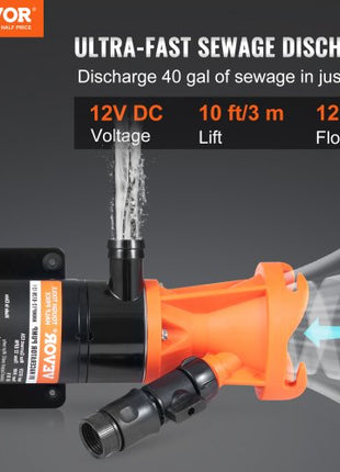 RV Portable Macerator Pump, 12V, 12GMP Quick Release RV Waste Pump, RV Sewage Sewer Pump with Detachable Quick Connection Valve Metal Hose Clamp Power Cord, for RV Boat Marine Motorhome Camper