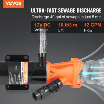 RV Portable Macerator Pump, 12V, 12GMP Quick Release RV Waste Pump, RV Sewage Sewer Pump with Detachable Quick Connection Valve Metal Hose Clamp Power Cord, for RV Boat Marine Motorhome Camper