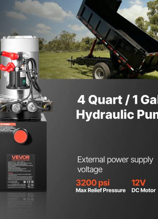4 Quart Hydraulic Power Unit, Double Acting Dump Trailer Pump, 3200 PSI Max Relief Pressure & 0.91 GPM Flow Rate, DC 12V Hydraulic Pump with Metal Reservoir for Dump Trailer Car Lifting, Black