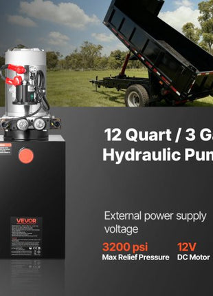 12 Quart Hydraulic Power Unit, Double Acting Dump Trailer Pump, 3200 PSI Max Relief Pressure & 0.91 GPM Flow Rate, DC 12V Hydraulic Pump with Metal Reservoir for Dump Trailer Car Lifting