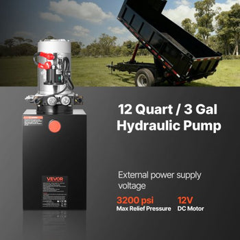 12 Quart Hydraulic Power Unit, Double Acting Dump Trailer Pump, 3200 PSI Max Relief Pressure & 0.91 GPM Flow Rate, DC 12V Hydraulic Pump with Metal Reservoir for Dump Trailer Car Lifting