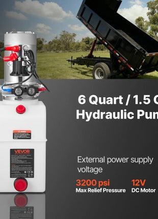 6 Quart Hydraulic Power Unit, Double Acting Dump Trailer Pump, 3200 PSI Max Relief Pressure & 0.91 GPM Flow Rate, DC 12V Hydraulic Pump with Metal Reservoir for Dump Trailer Car Lifting, White