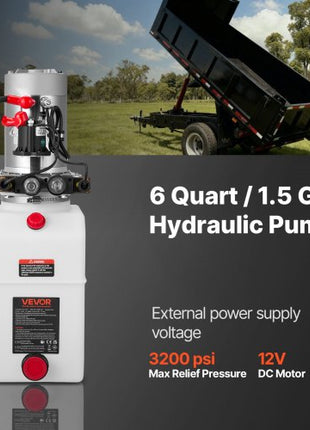 6 Quart Hydraulic Power Unit, Double Acting Dump Trailer Pump, 3200 PSI Max Relief Pressure & 0.91 GPM Flow Rate, DC 12V Hydraulic Pump with Metal Reservoir for Dump Trailer Car Lifting