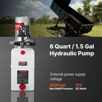 6 Quart Hydraulic Power Unit, Double Acting Dump Trailer Pump, 3200 PSI Max Relief Pressure & 0.91 GPM Flow Rate, DC 12V Hydraulic Pump with Metal Reservoir for Dump Trailer Car Lifting