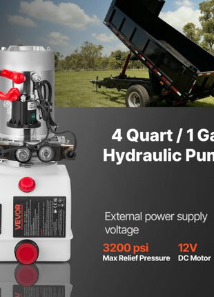 4 Quart Hydraulic Power Unit, Double Acting Dump Trailer Pump, 3200 PSI Max Relief Pressure & 0.91 GPM Flow Rate, DC 12V Hydraulic Pump with Metal Reservoir for Dump Trailer Car Lifting, White