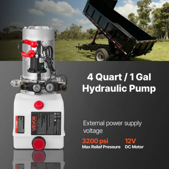 4 Quart Hydraulic Power Unit, Double Acting Dump Trailer Pump, 3200 PSI Max Relief Pressure & 0.91 GPM Flow Rate, DC 12V Hydraulic Pump with Metal Reservoir for Dump Trailer Car Lifting, White