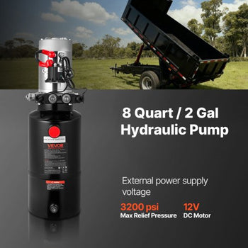 8 Quart Hydraulic Power Unit, Double Acting Dump Trailer Pump, 3200 PSI Max Relief Pressure & 0.91 GPM Flow Rate, DC 12V Hydraulic Pump with Metal Reservoir for Dump Trailer Car Lifting
