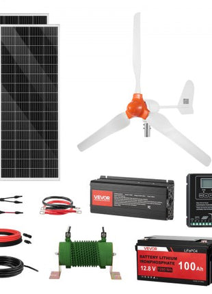 12V 600W Solar Wind Power Kit, 2PCS 100W Solar Panel + 400W Wind Turbine + 12.8V 100Ah LiFePO4 Battery + 1000W Power Inverter + MPPT Wind/Solar Hybrid Controller for Home RV Boat Farm Off-Grid