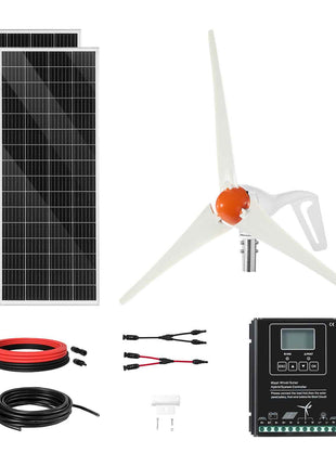 12V 400W Solar Wind Power Kit, 2PCS 100W Monocrystalline Solar Panels + 200W Wind Turbine + MPPT Wind/Solar Hybrid System Controller for Home RV Boat Camping Off-Grid Applications