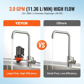 12V Diaphragm Pump, 3 GPM (11.36 L/min), 3-Chamber 12 Volt DC Water Pump with Automatic Pressure Switch 40-100 PSI Adjustable, 50 PSI, 1/2'' MNPT Port, for RV Yacht Food Truck Camper Marine