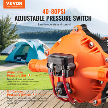 12V Diaphragm Pump 5 GPM (18.93 L/min) 5-Chamber 12Volt DC Water Pump, for RV Yacht Food Truck Camper Marine, with Automatic Pressure Switch 40-100 PSI Adjustable, 1/2 in MNPT Inlet/Outlet Size