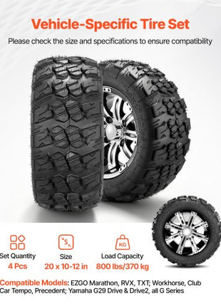 Golf Cart Wheels, 12" 20x10-12 Black Aluminum Alloy Golf Cart Tires and Wheels Combo (Set of 4) Fit Club Car, EZGO, Yamaha, 4 Ply Rubber 4-Lug Lawn Mower Tires & Rims, 800 lbs Load, All-Terrain