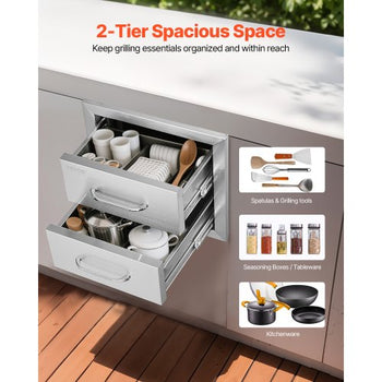 Outdoor Kitchen Drawers 14W x 14.4H x 23D Inch, Flush Mount Double BBQ Drawers Stainless Steel with Handle, BBQ Island Drawers for Outdoor Kitchens or Grill Station