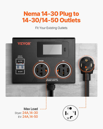 NEMA Splitter for Dryer and EV, 3-Color LED Indicator, 240V Smart Power Distribution, With NEMA 14-30 Plug, NEMA 14-30 & NEMA 14-50 Outlets, Large 3.4-Inch LCD Screen, for Max 24A Dryer or EV